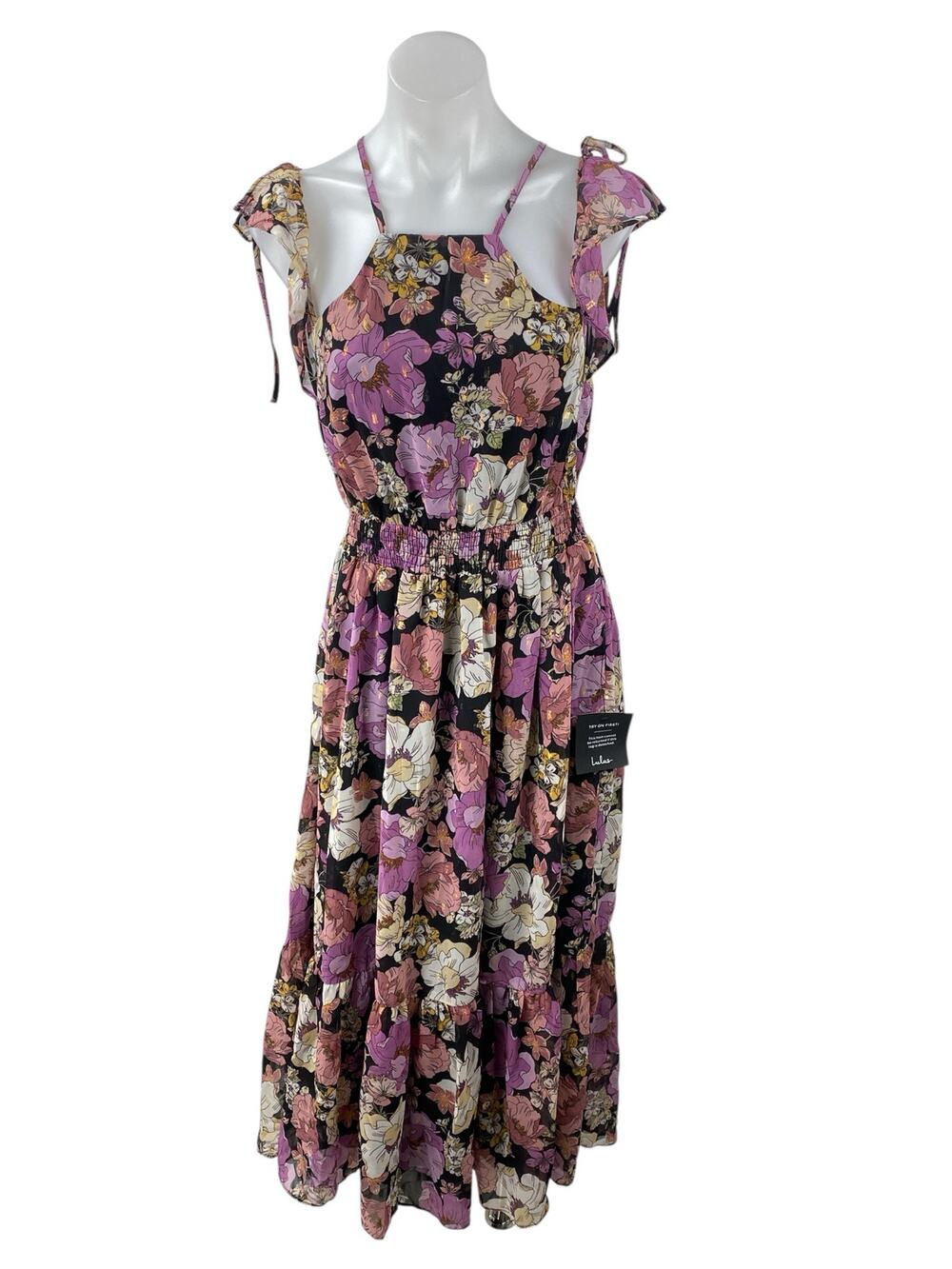 NEW Lulus Women's Multicolor Floral Smocked Cold Shoulder Midi A-Line Dress Sz S